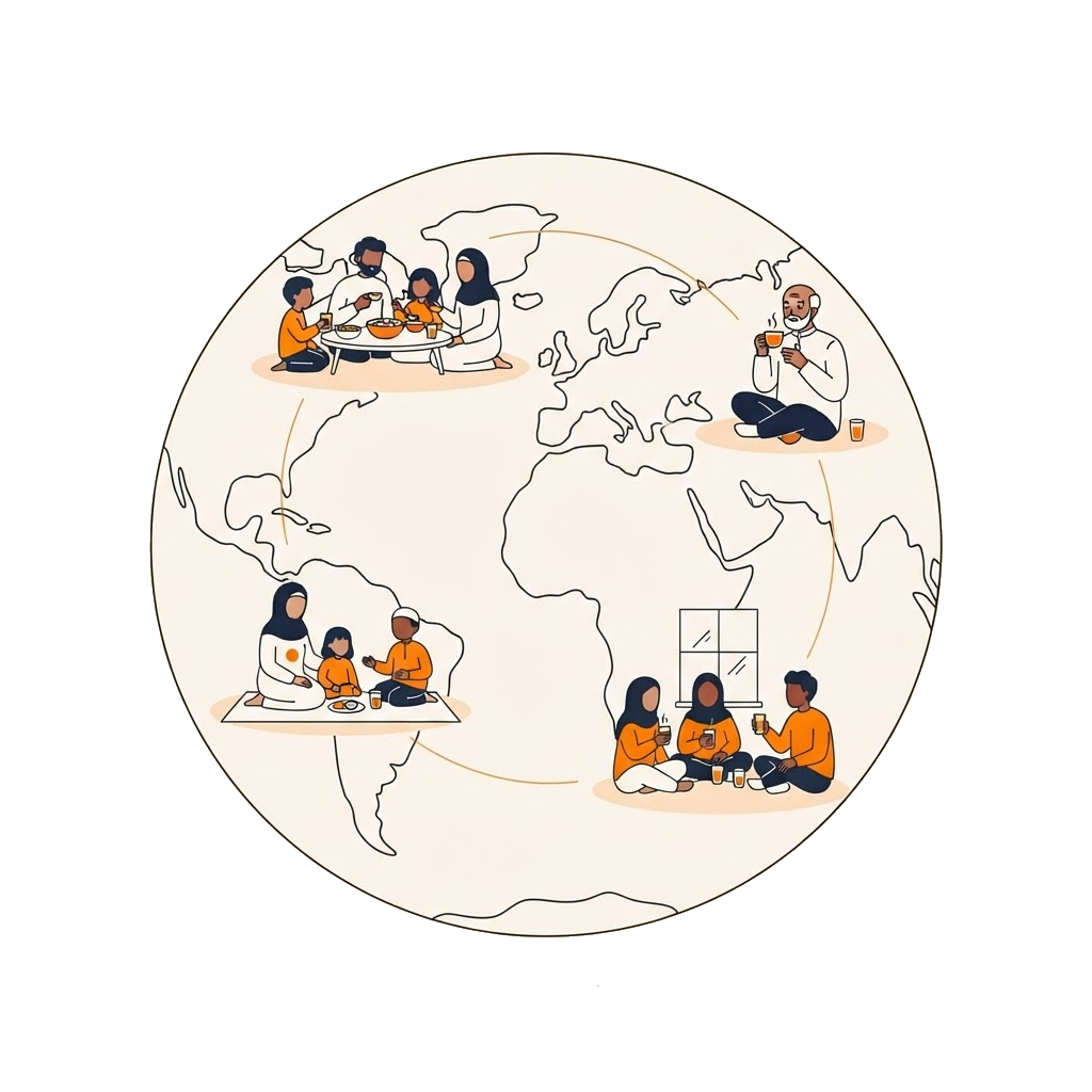 An illustrated globe showing Muslim families in different parts of the world all sharing the quiet pre-dawn moment of suhoor, gently connected to one another