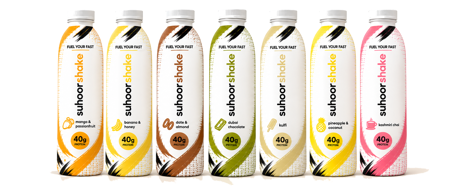 The full range of seven ready-to-drink high-protein suhoorshake bottles standing in a row, each labelled Fuel Your Fast with 40g protein: mango & passionfruit, banana & honey, date & almond, dubai chocolate, kulfi, pineapple & coconut, and kashmiri chai
